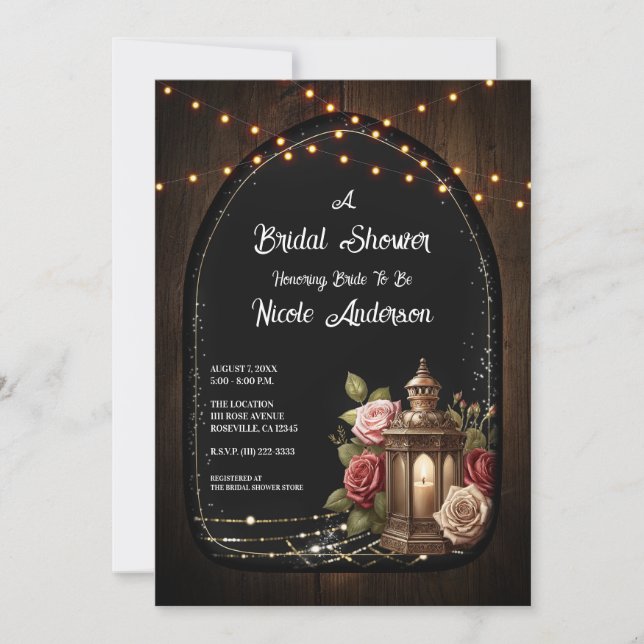 Invitation Lancement de Mariage Rustique Lanternes Roses et L (Devant)