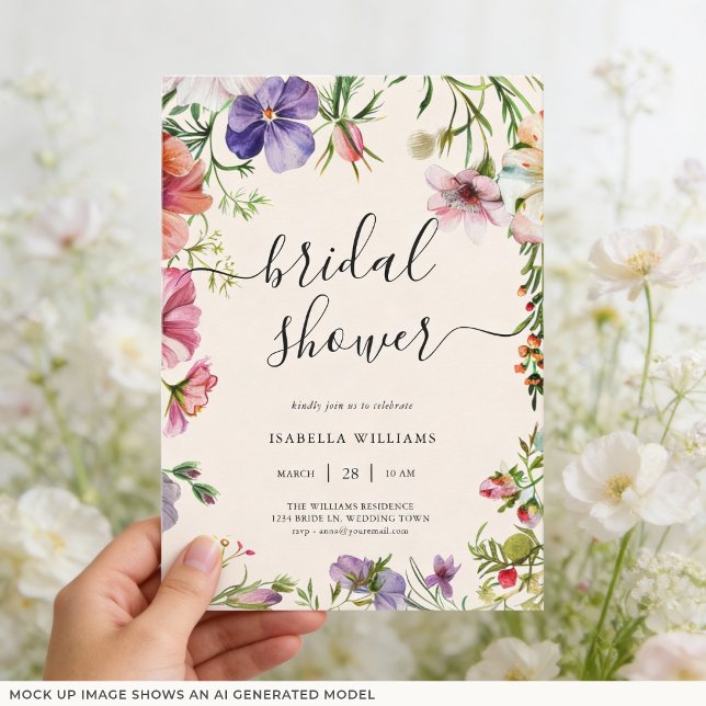 Invitation Lancement de Mariée Fleur de Champ Aquarelle (Front of invite shown in 5 x 7 inches, choose size, paper, and corner style.)