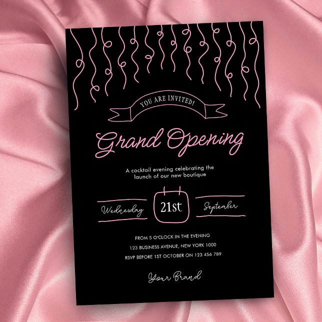 Invitation Lancement d'entreprise unique rose et noir (Elegant black and pink business opening event invitation with hand drawn line art graphics)