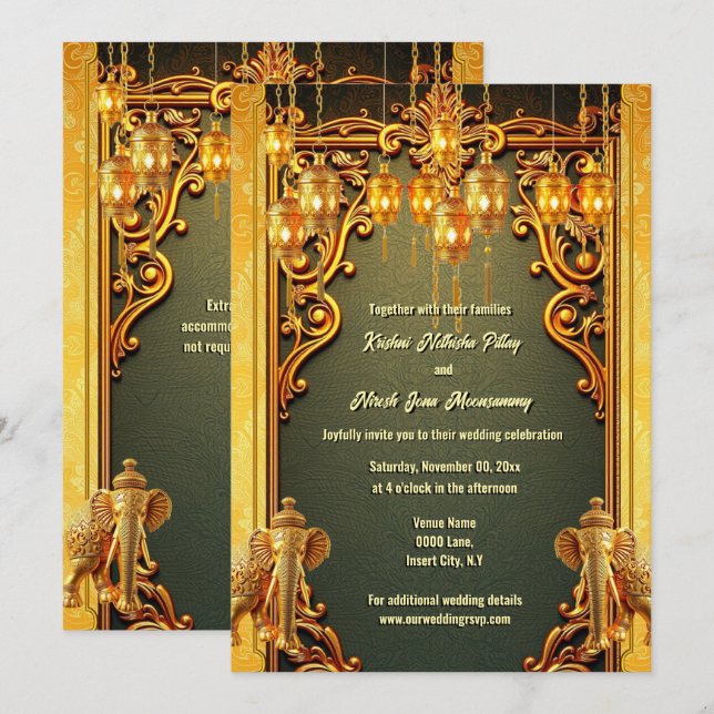 Invitation Lances d'éléphants indiens en or vert Hindi Hindu (Devant / Derrière)