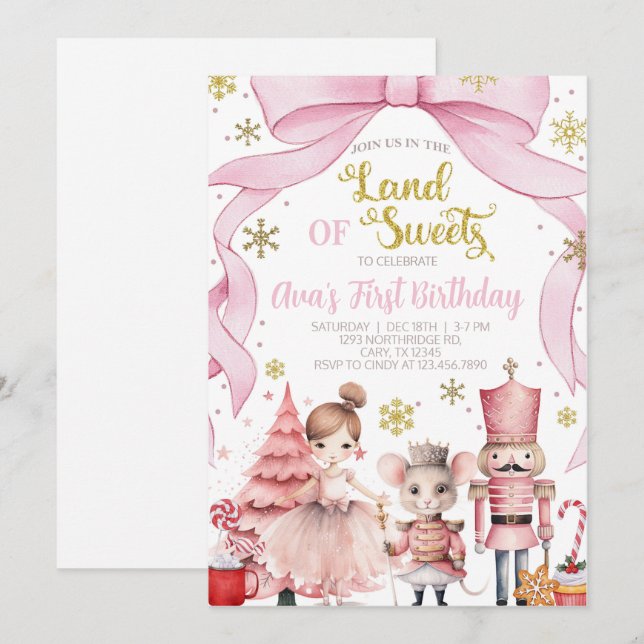 Invitation Land of Sweets nutcracker birthday invitation. (Devant / Derrière)