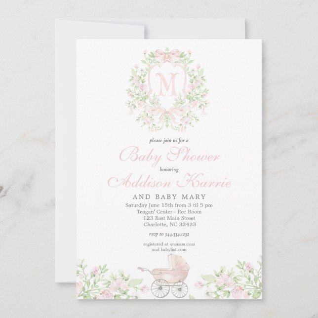 Invitation Landau de bébé fille Monogramme (Devant)