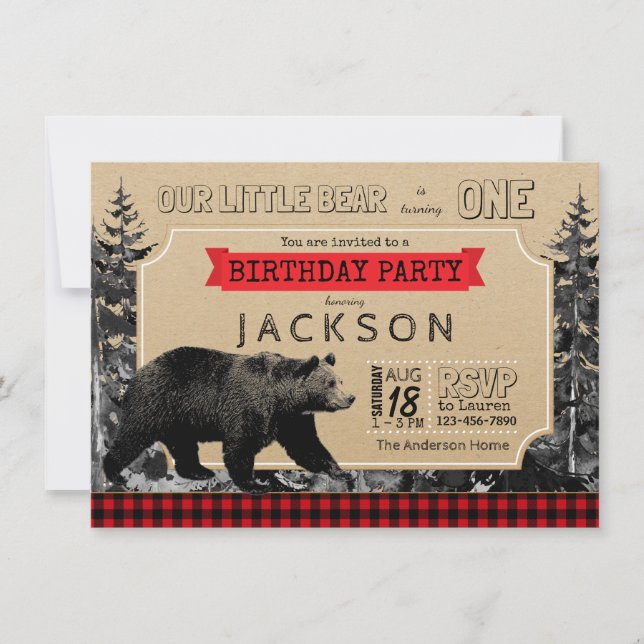 Invitation L'anniversaire de bûcheron Ours petit plaid de buf (Devant)