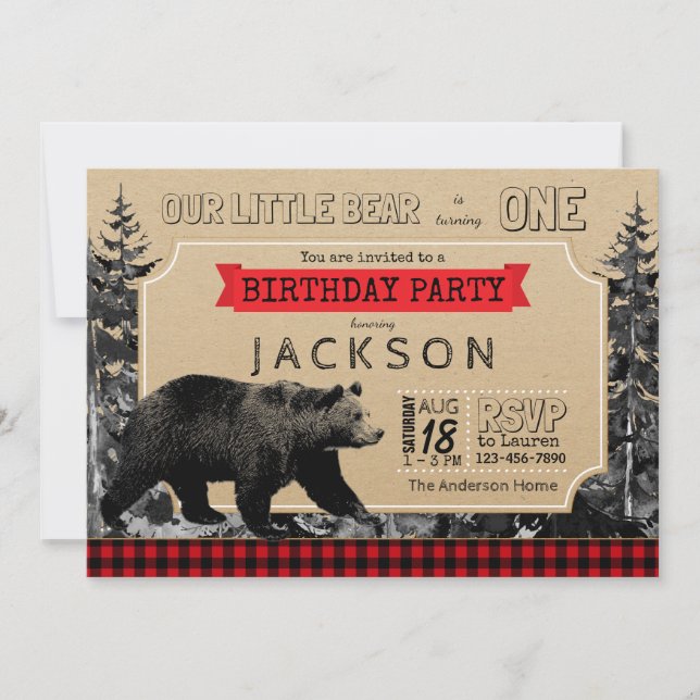 Invitation L'anniversaire de bûcheron Ours petit plaid de buf (Devant)