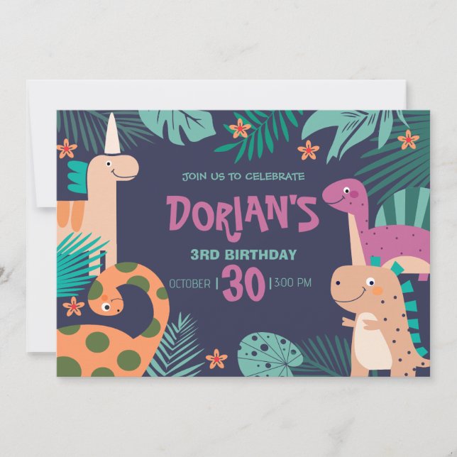 Invitation L'anniversaire de Dorian : 3 ans, fête des dinosau (Devant)