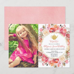 Invitation L'anniversaire de thé, corail rougissent photo