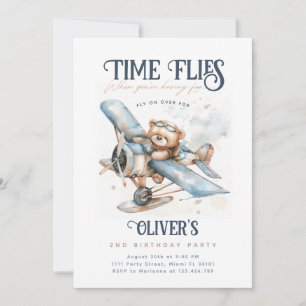 Invitation L'Anniversaire Vintage Ours en Peluche Avion Le Te