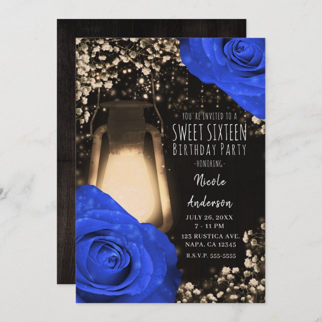 Invitation Lanterne à brillance rustique et bleu Cobalt Roses (Devant / Derrière)