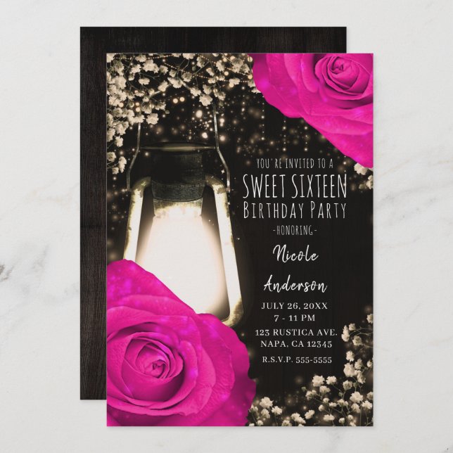 Invitation Lanterne à lueur rustique et Mariage rose Fuchsia  (Devant / Derrière)