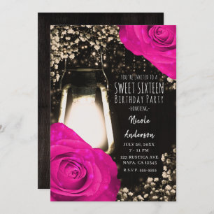 Invitation Lanterne à lueur rustique et Mariage rose Fuchsia