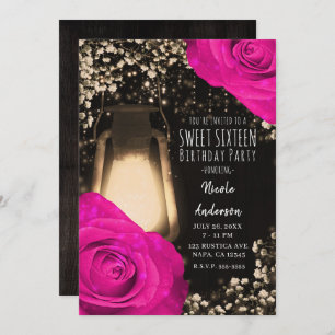 Invitation Lanterne à lueur rustique & Fuchsia Hot rose Sweet