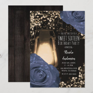 Invitation Lanterne à lueur rustique & Steele Bleu Roses doux