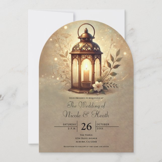 Invitation Lanterne Bronze Doré Mariage Romantique Rustique (Devant)