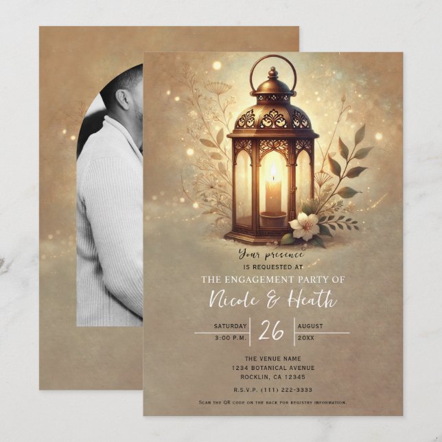 Invitation Lanterne Bronze Doré Romantique Rustique Fiançaill (Devant / Derrière)