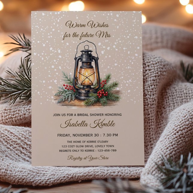 Invitation Lanterne Cosy Vœux de Mariage (Warm wishes for the future mrs. Cozy lantern winter bridal shower invitation by Darling & May)