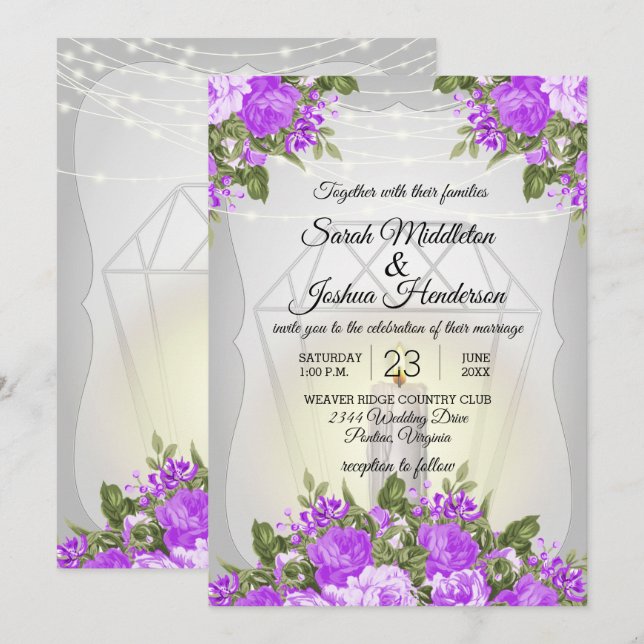 Invitation Lanterne d'argent et mariage aux fleurs violettes (Devant / Derrière)
