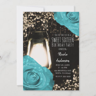 Invitation Lanterne de lueur rustique Turquoise Bleu Roses do