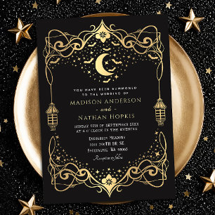 Invitation Lanterne de mariage Bats gothiques Lune dorée