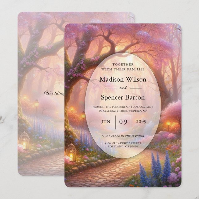 Invitation Lanterne de mariage de chemin de jardin pastel rom (Devant / Derrière)