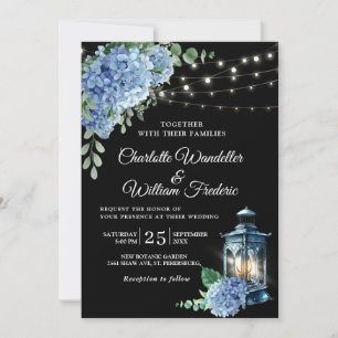 Invitation Lanterne d'hortensia bleue sur fond noir de mariag