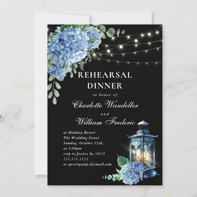 Invitation Lanterne d'hydrangea bleue, dîner de répétition au (Devant)