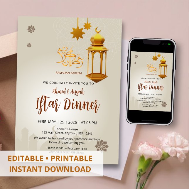 Invitation Lanterne dorée beige et mosquée Ramadan Iftar (Créateur téléchargé)