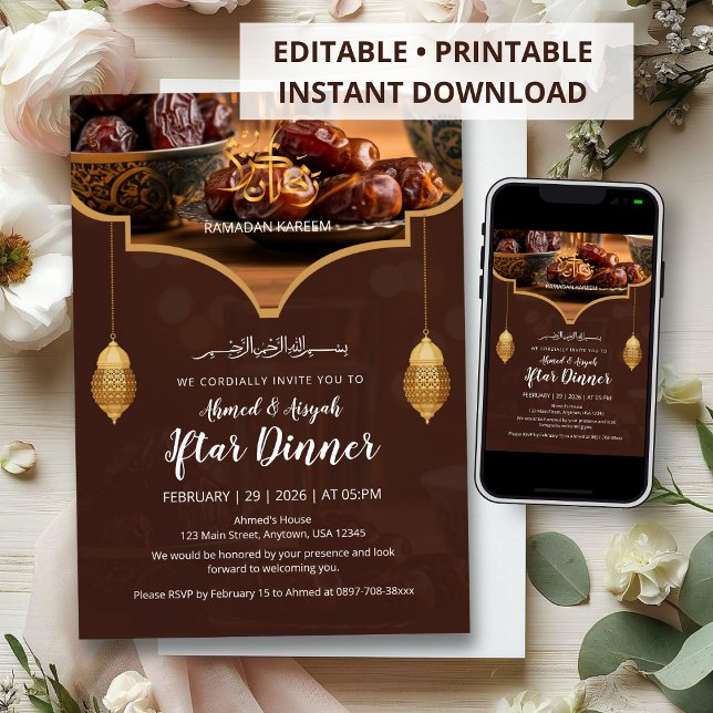 Invitation Lanterne dorée élégante Marron chaud avec Dates If (Créateur téléchargé)