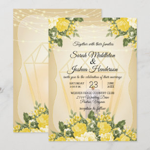 Invitation Lanterne dorée et Mariage floral jaune