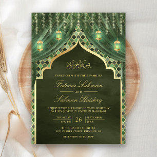 Invitation Lanterne dorée Rideau vert sauge Mariage musulman