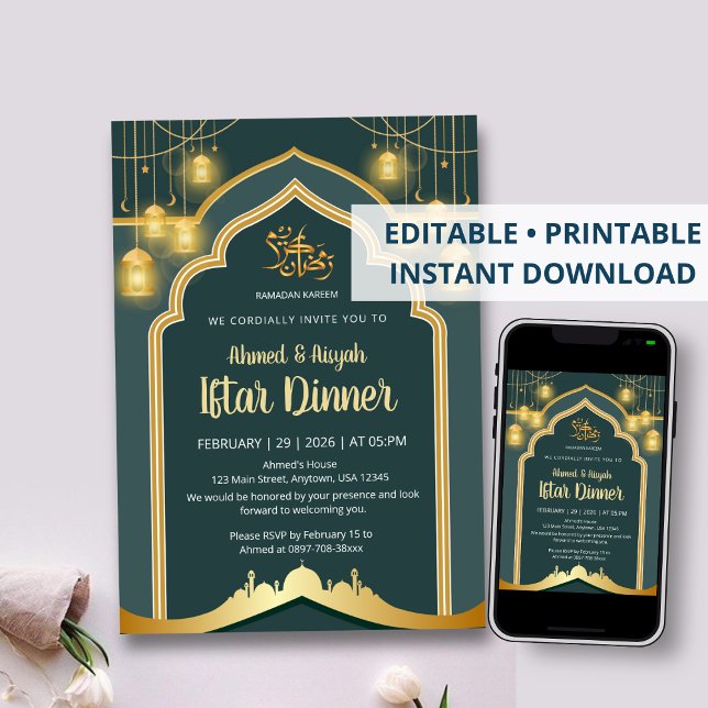 Invitation Lanterne élégante sarcelle foncée et or pour Iftar (Créateur téléchargé)