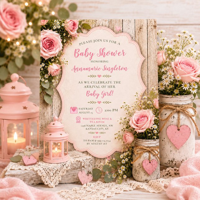 Invitation Lanterne en pot Mason de roses roses rustiques | (Créateur téléchargé)