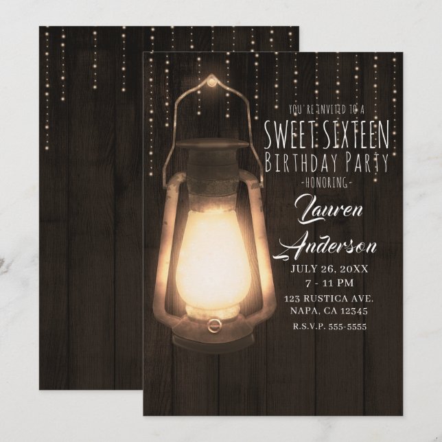 Invitation Lanterne et lumières rustiques en bois marron pour (Devant / Derrière)