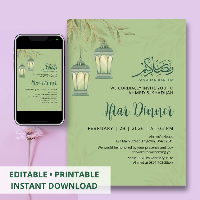 Invitation Lanterne Feuilles de Ramadan Iftar Vert (Créateur téléchargé)