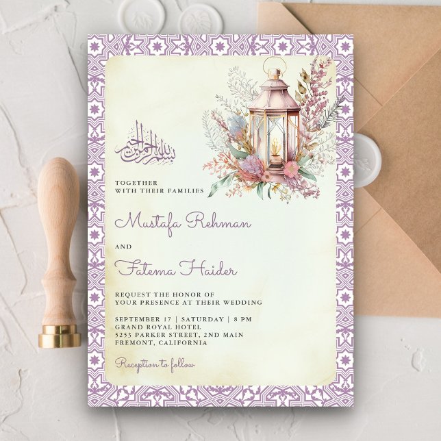 Invitation Lanterne Florale Lavande Rustique Mariage Musulman (Créateur téléchargé)