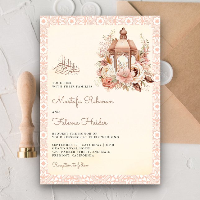 Invitation Lanterne Florale Péche Bohème Rustique Mariage Mus (Créateur téléchargé)