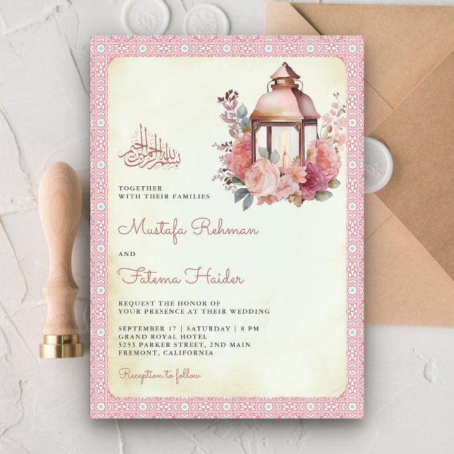 Invitation Lanterne Florale Rose Rustique Mariage Musulman (Créateur téléchargé)