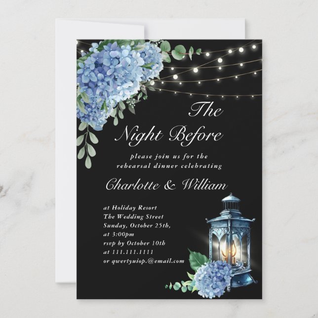 Invitation Lanterne Hydrangea Bleue Bohème Noire Dîner de Rép (Devant)