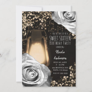 Invitation Lanterne Lumineuse Rustique Gris Argent Rose doux 