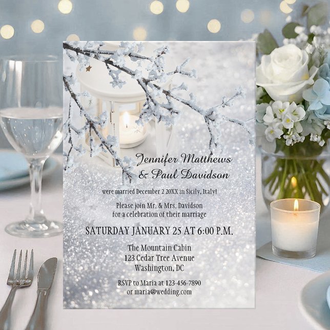 Invitation Lanterne Neige hiver après mariage fêter invitatio (Wedding reception only invitation showing a candle lit lantern in a winter scene with sparkling snow)