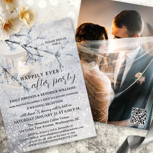 Invitation Lanterne Neige Hiver Elope Réception de mariage se (Wedding reception only or happily ever after invitation with a candle lit lantern in sparkling snow)