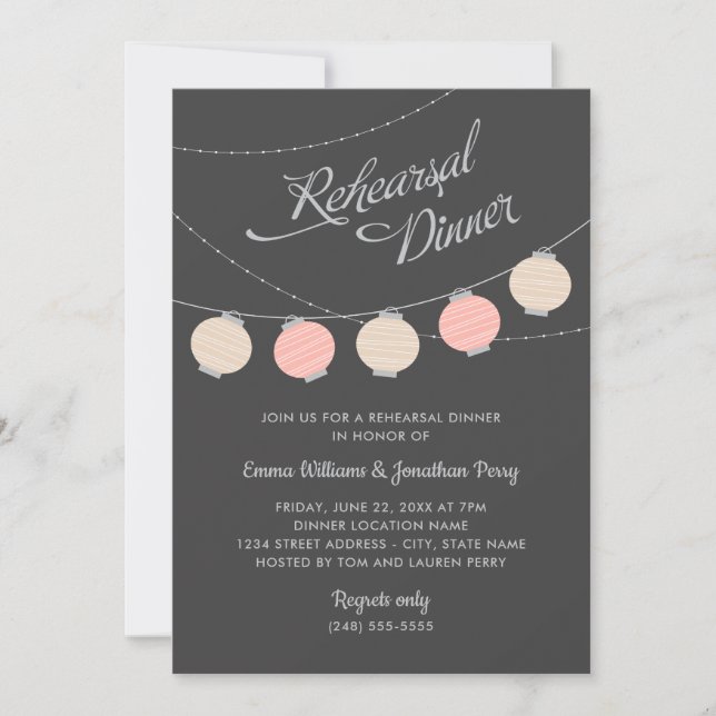 Invitation Lanterne rose grise Dîner de répétition de mariage (Devant)