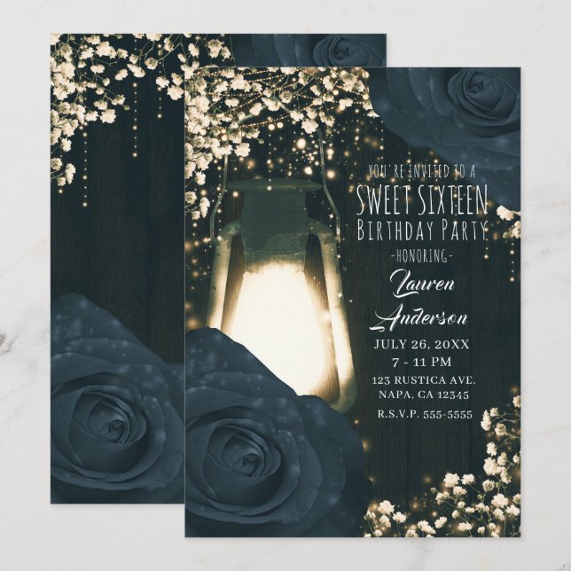 Invitation Lanterne Rustic Glow et Roses Bleu Noir Sweet 16 (Devant / Derrière)