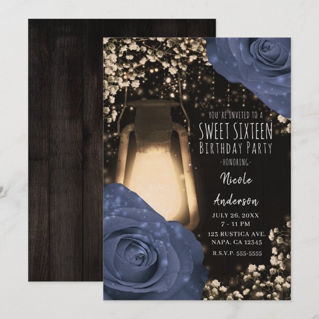 Invitation Lanterne Rustic Glow et Roses Bleu Steele Sweet 16 (Devant / Derrière)