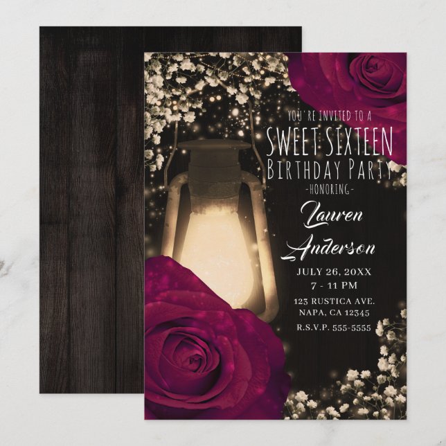 Invitation Lanterne Rustic Glow et Roses Magenta Douce 16e (Devant / Derrière)