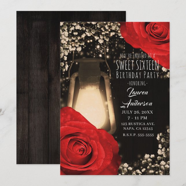 Invitation Lanterne Rustic Glow et Roses Rouge Clair 16 ans D (Devant / Derrière)