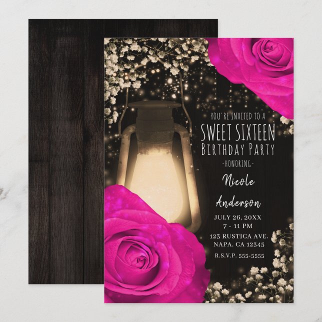 Invitation Lanterne Rustic Glow & Fuchsia Rose Chaud Douce 16 (Devant / Derrière)