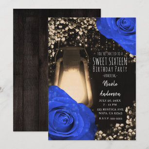 Invitation Lanterne Rustic Glow & Roses Bleu Cobalt Sweet 16