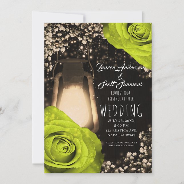 Invitation Lanterne Rustic Glow Roses Chartreuse Mariage  (Devant)