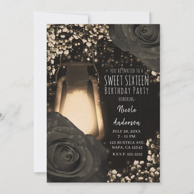 Invitation Lanterne Rustic Glow Roses Noires Chaudes 16 Douce (Devant)