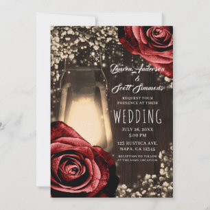 Invitation Lanterne Rustic Glow Roses Rouge Foncé & Mariage M